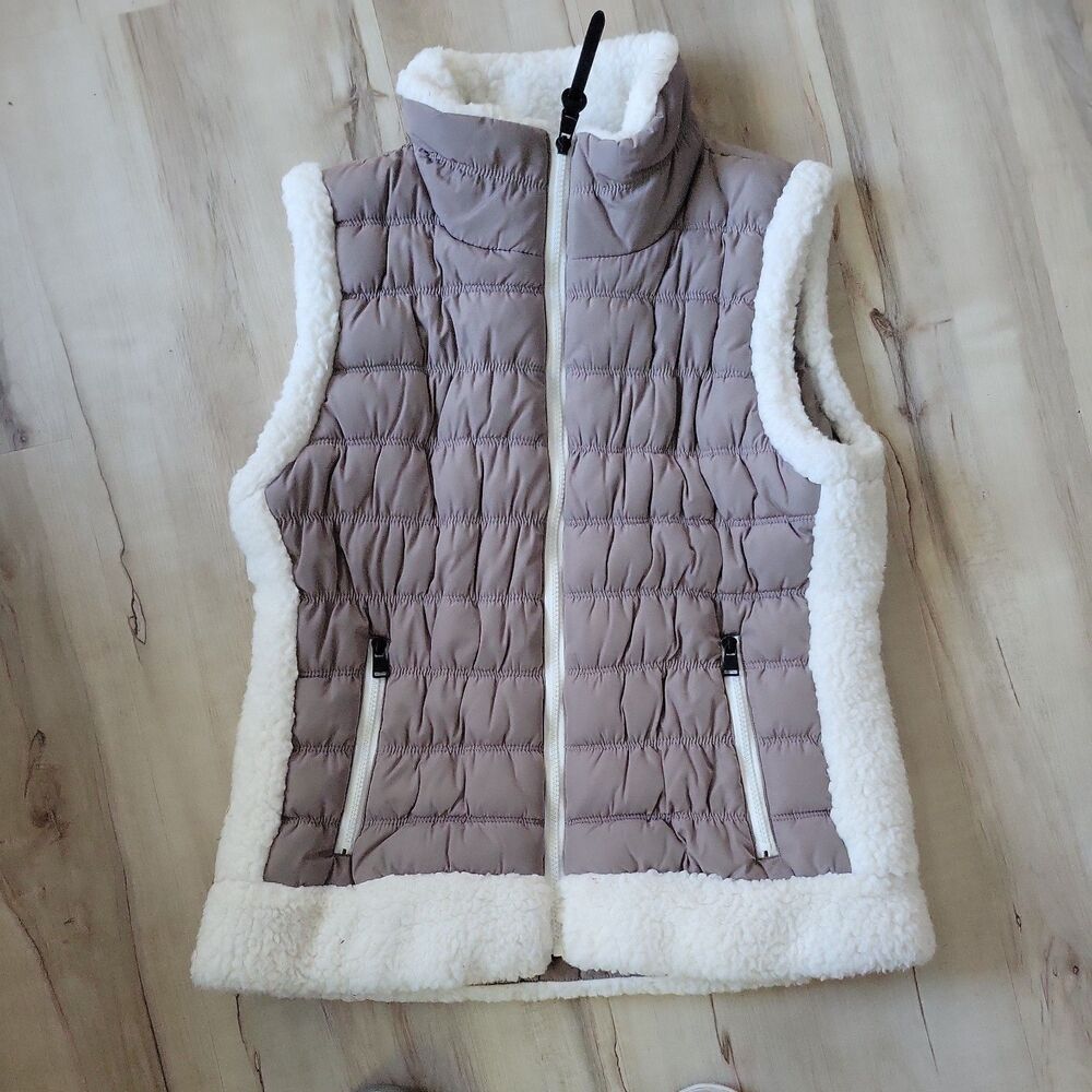 Calvin Klein Performance Vest Womens L Beige/Taupe Quilted Sherpa Lined Full Zip
